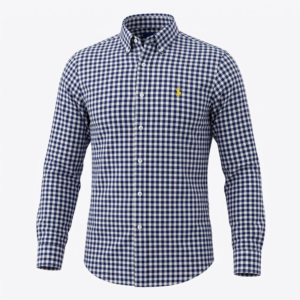 Ralph Lauren Mens M Gingham Shirt Blue White Check Button Down Yellow Pony